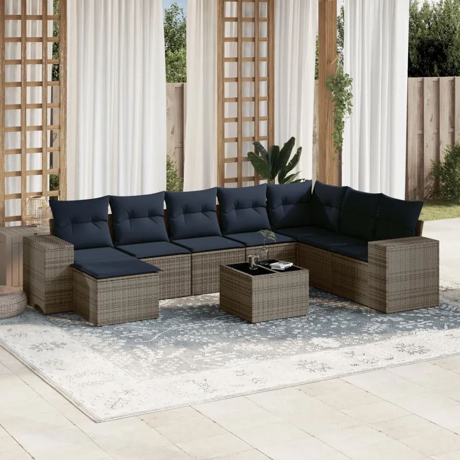 Ensemble de canapé de jardin 9 pcs avec coussins gris résine tressée