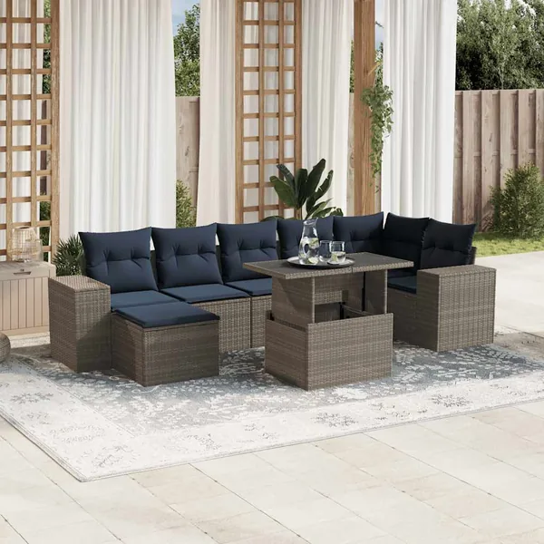 Ensemble de canapé de jardin 8 pcs avec coussins gris résine tressée