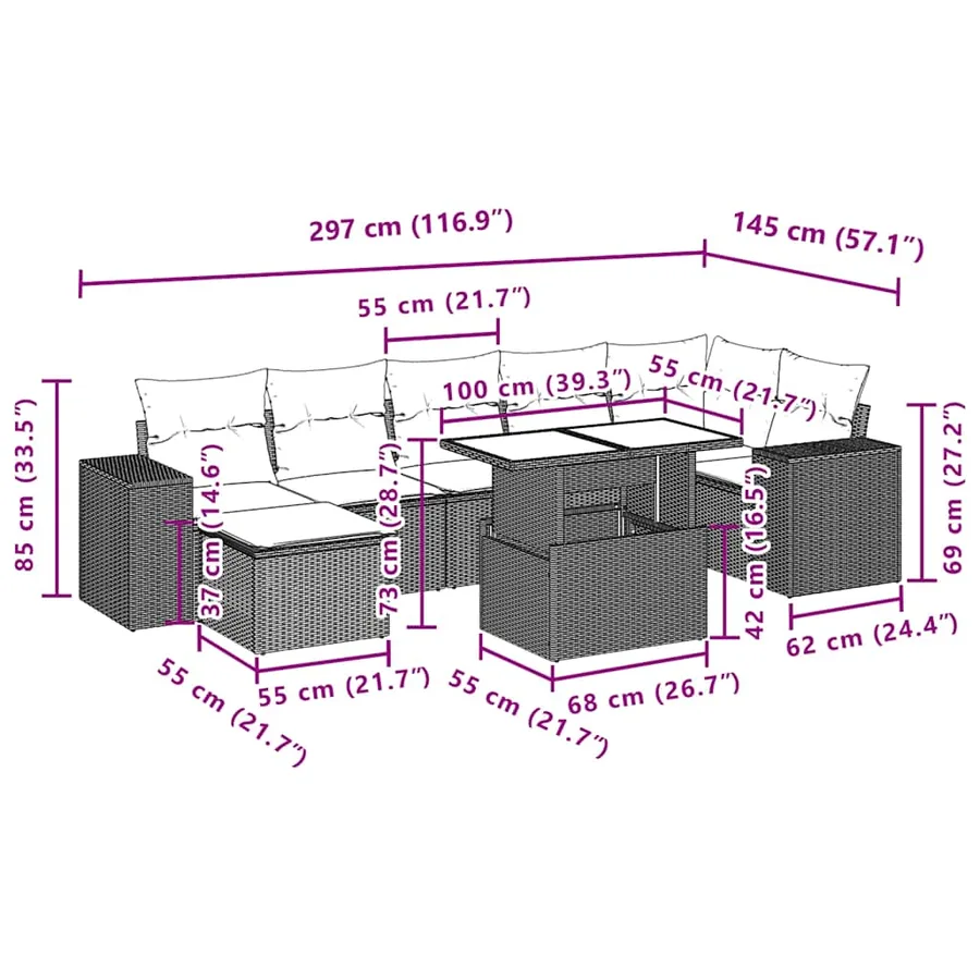 Ensemble de canapé de jardin 8 pcs avec coussins gris résine tressée - 11