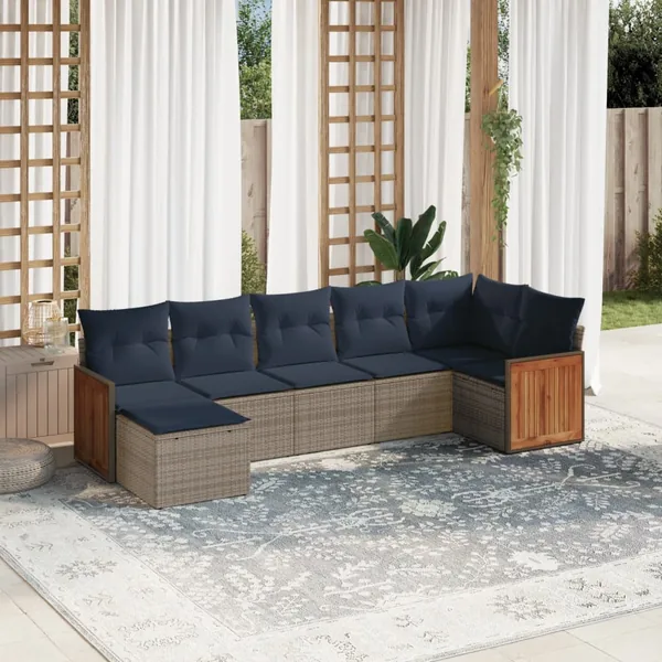 Ensemble de canapé de jardin 7 pcs avec coussins gris résine tressée