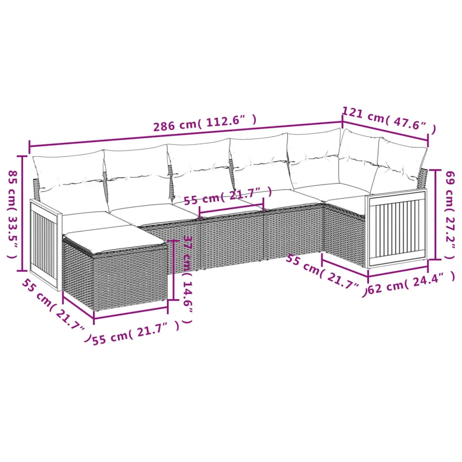 Ensemble de canapé de jardin 7 pcs avec coussins gris résine tressée - 8