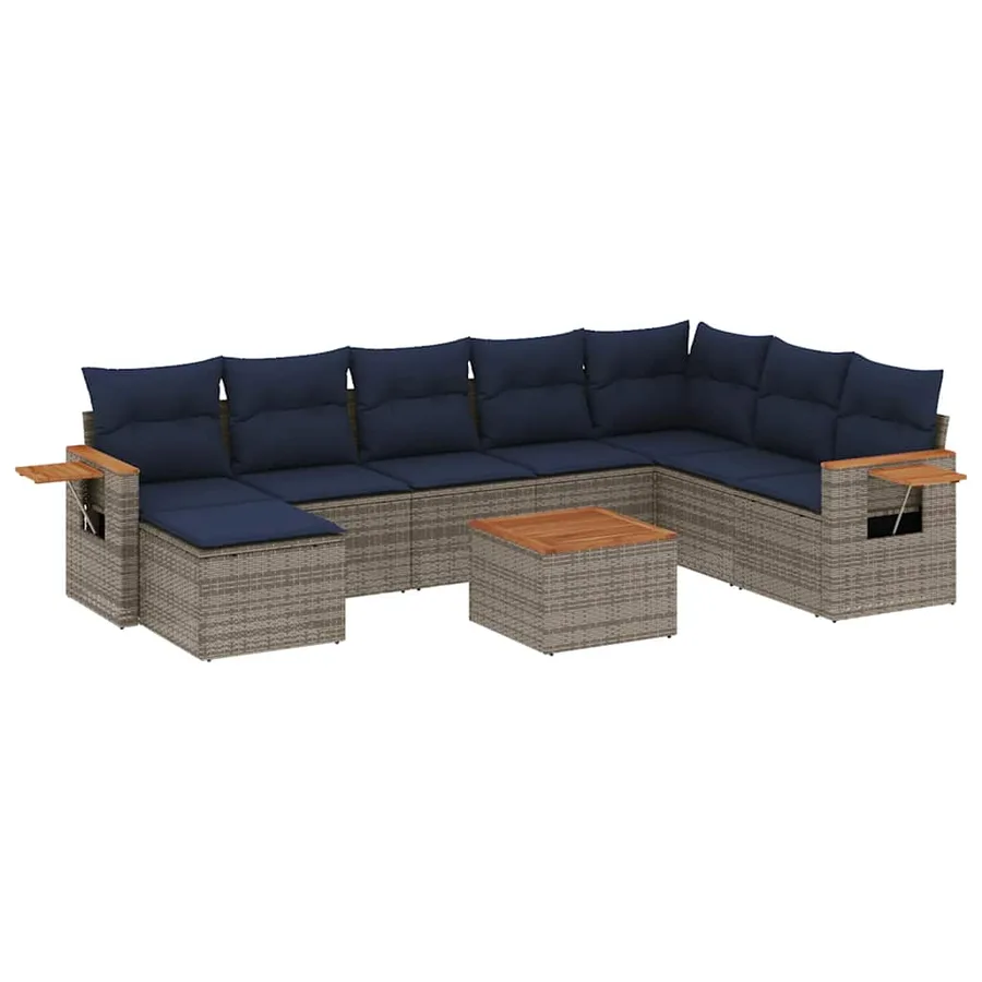 Salon de jardin 9 pcs avec coussins gris résine tressée - 2