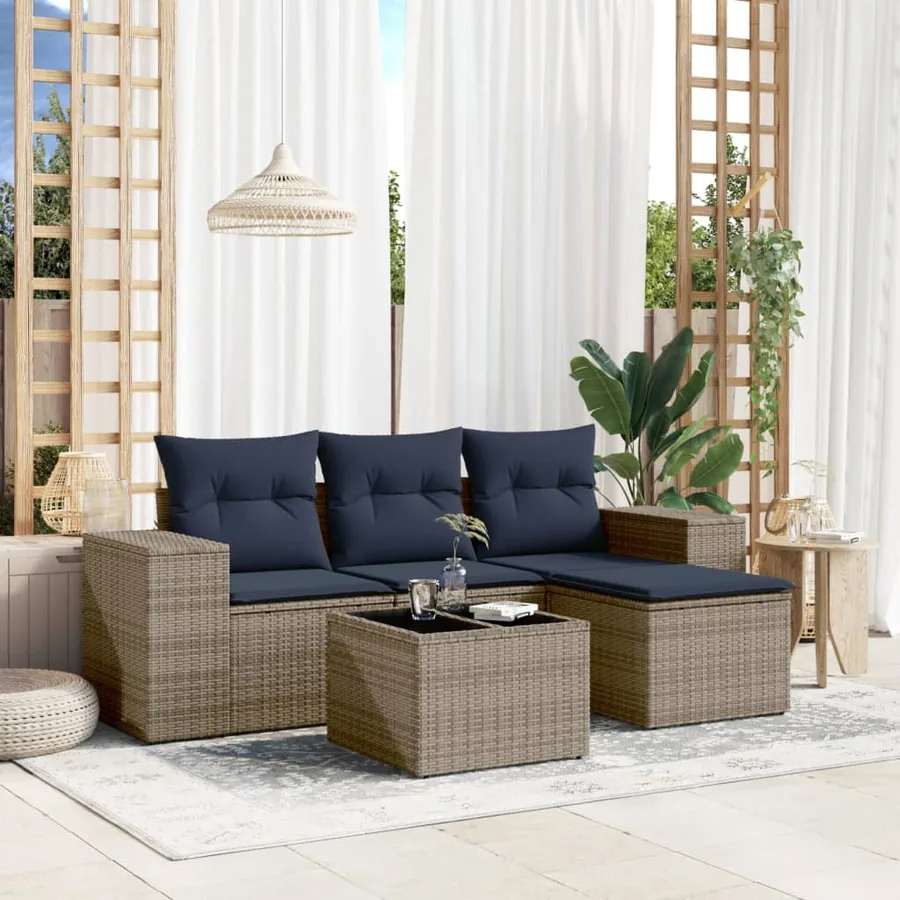Ensemble de canapé de jardin 5 pcs avec coussins gris résine tressée