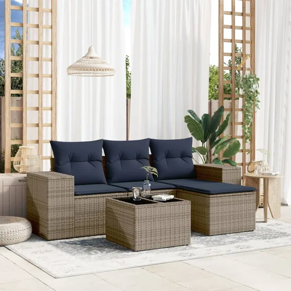 Ensemble de canapé de jardin 5 pcs avec coussins gris résine tressée