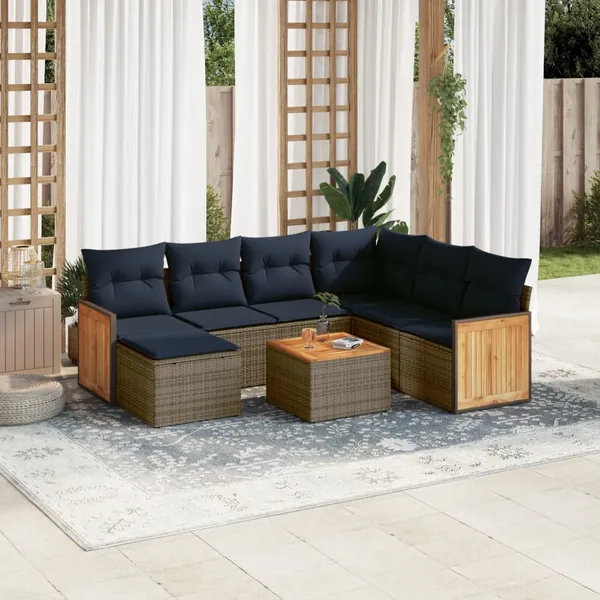 Ensemble de canapé de jardin 8 pcs avec coussins gris résine tressée