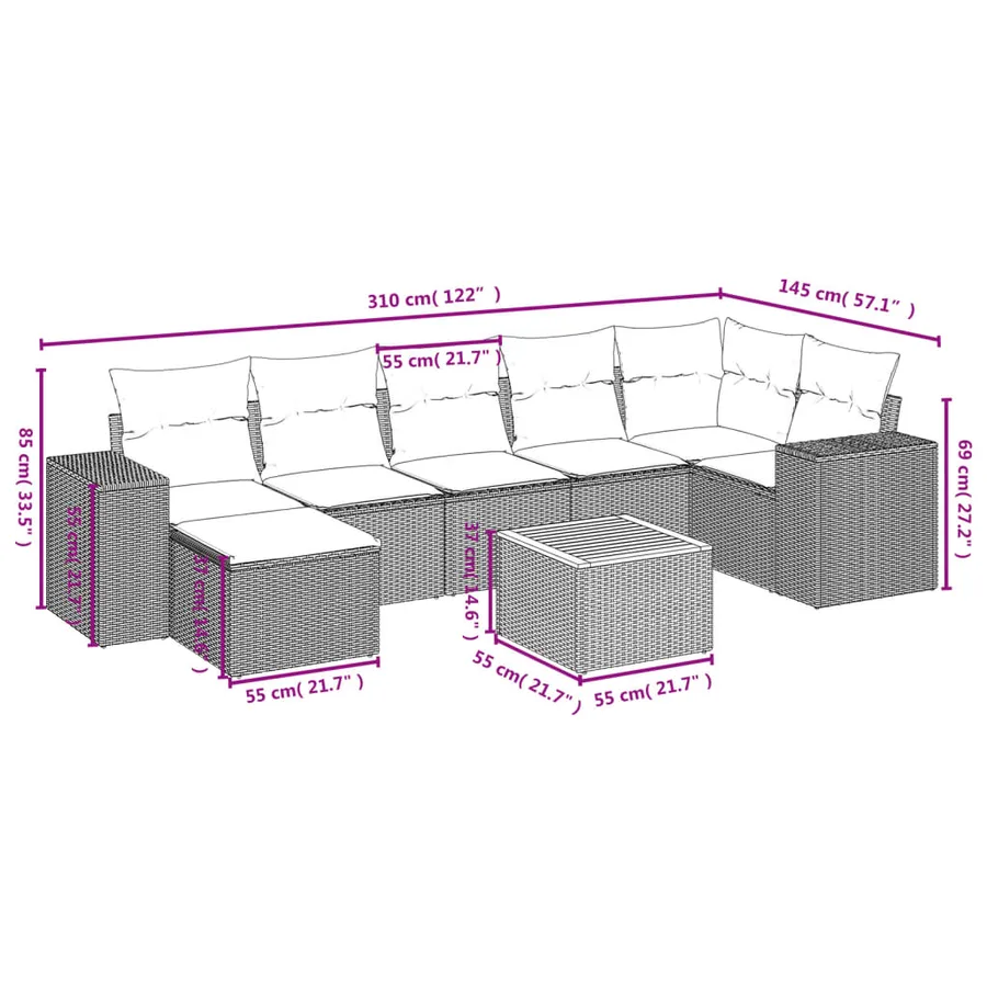 Ensemble de canapé de jardin 8 pcs avec coussins gris résine tressée - 9