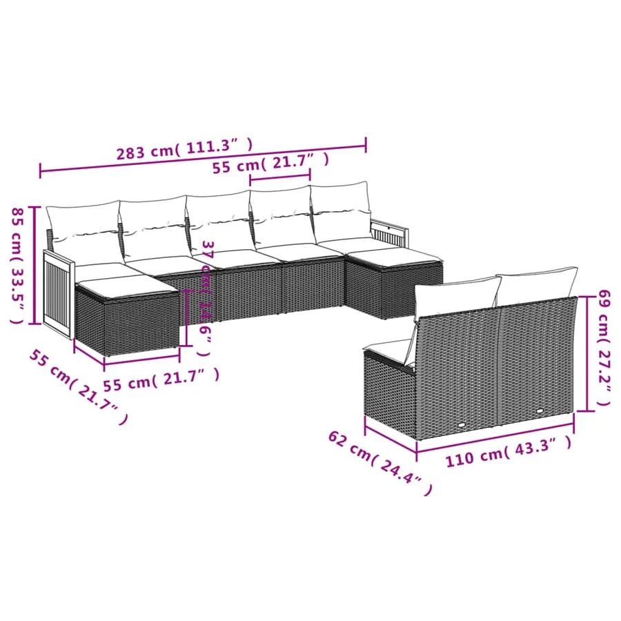 Ensemble de canapé de jardin 9 pcs avec coussins gris résine tressée - 7
