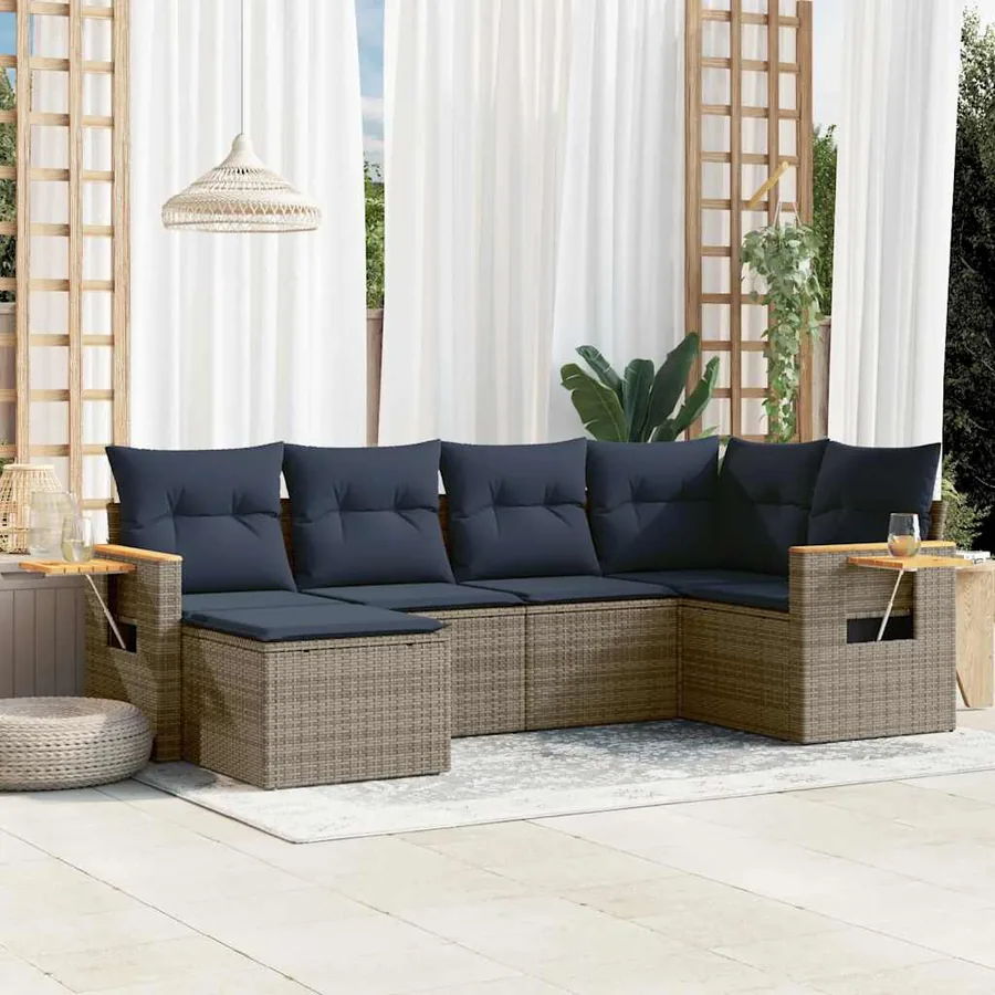 Salon de jardin 6 pcs avec coussins gris résine tressée