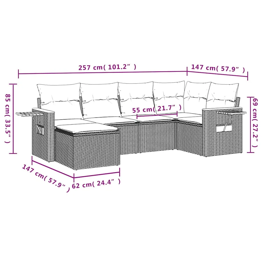 Salon de jardin 6 pcs avec coussins gris résine tressée - 9