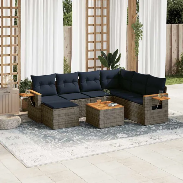 Salon de jardin 8 pcs avec coussins gris résine tressée