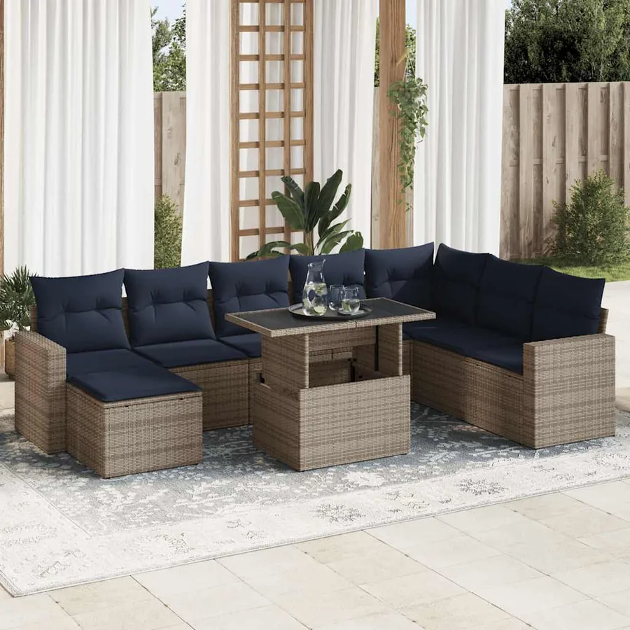 Salon de jardin avec coussins 9 pcs gris résine tressée acacia