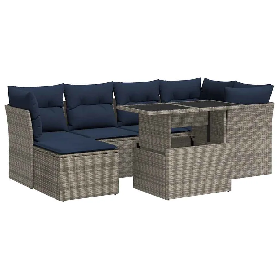 Salon de jardin avec coussins 7 pcs gris résine tressée acacia - 2