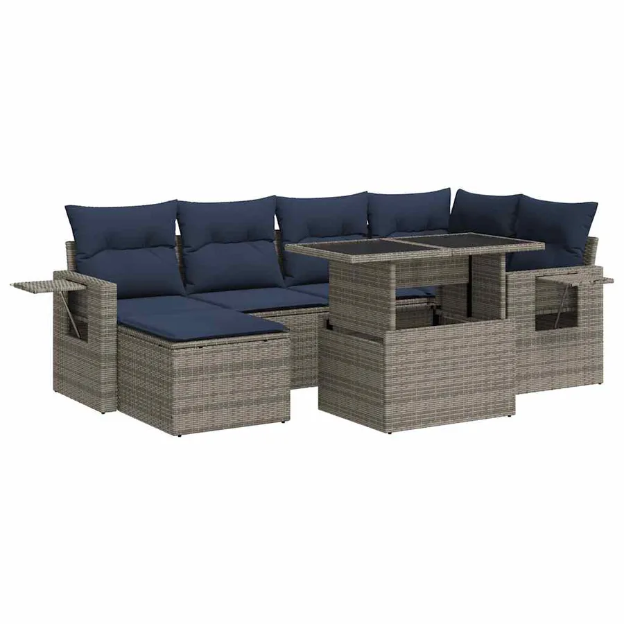 Salon de jardin avec coussins 7 pcs gris résine tressée acacia - 2