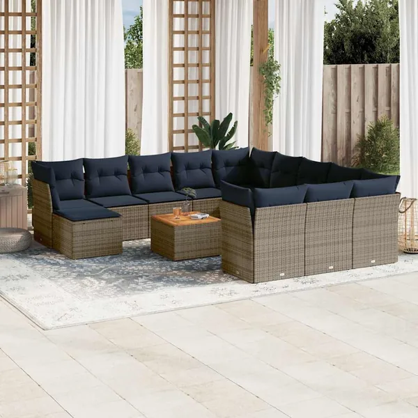 Ensemble de canapé de jardin 13 pcs avec coussins gris résine tressée