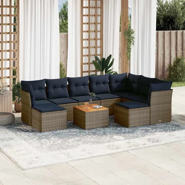 Ensemble de canapé de jardin 10 pcs avec coussins gris résine tressée