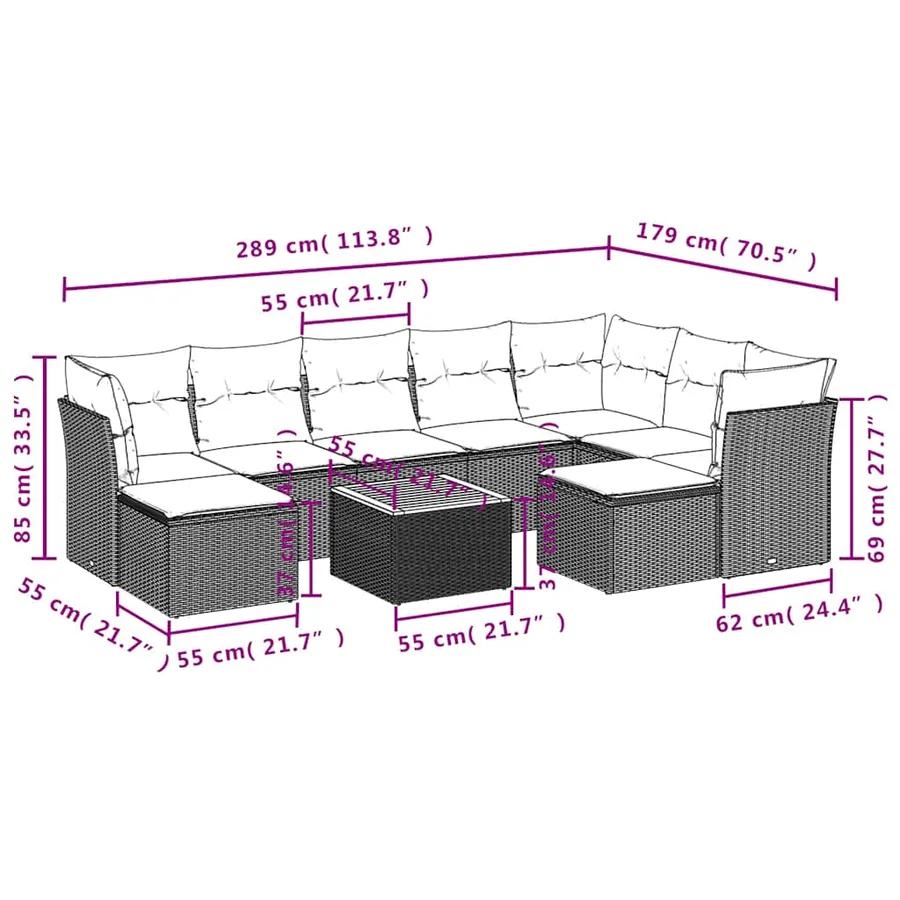 Ensemble de canapé de jardin 10 pcs avec coussins gris résine tressée - 11