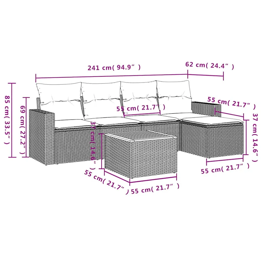Ensemble de canapé de jardin 6 pcs avec coussins gris résine tressée - 11