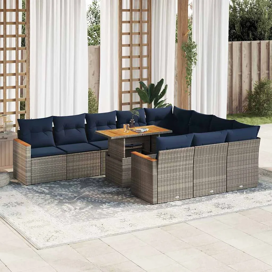 Salon de jardin 11 pcs avec coussins gris résine tressée