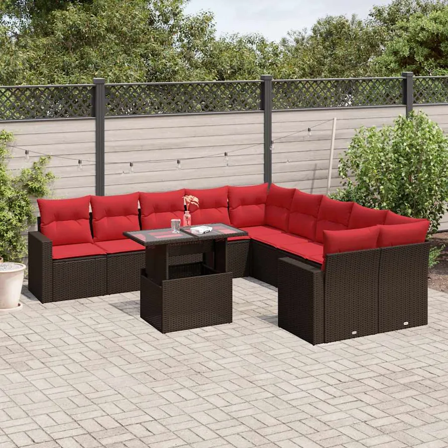 Ensemble de canapé de jardin 11 pcs avec coussins marron résine tressée