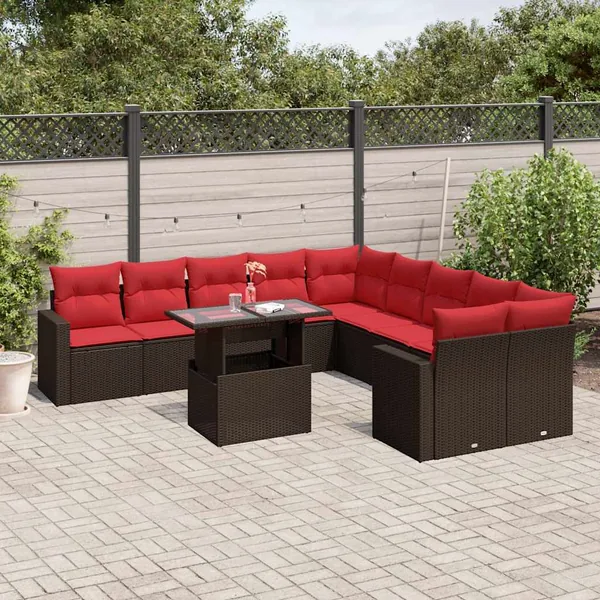 Ensemble de canapé de jardin 11 pcs avec coussins marron résine tressée