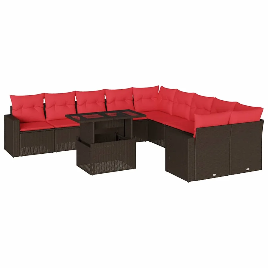 Ensemble de canapé de jardin 11 pcs avec coussins marron résine tressée - 2
