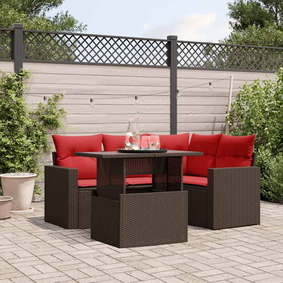 Ensemble de canapé de jardin 5 pcs avec coussins marron résine tressée