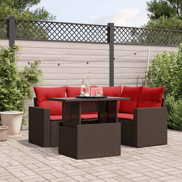 Ensemble de canapé de jardin 5 pcs avec coussins marron résine tressée