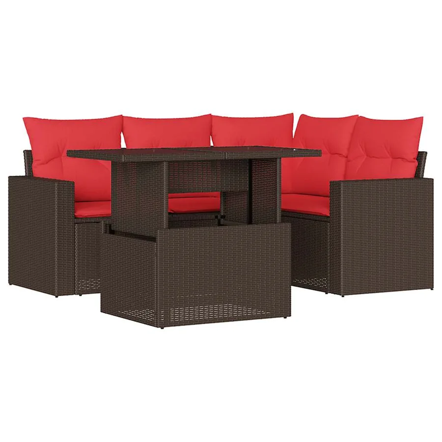 Ensemble de canapé de jardin 5 pcs avec coussins marron résine tressée - 2