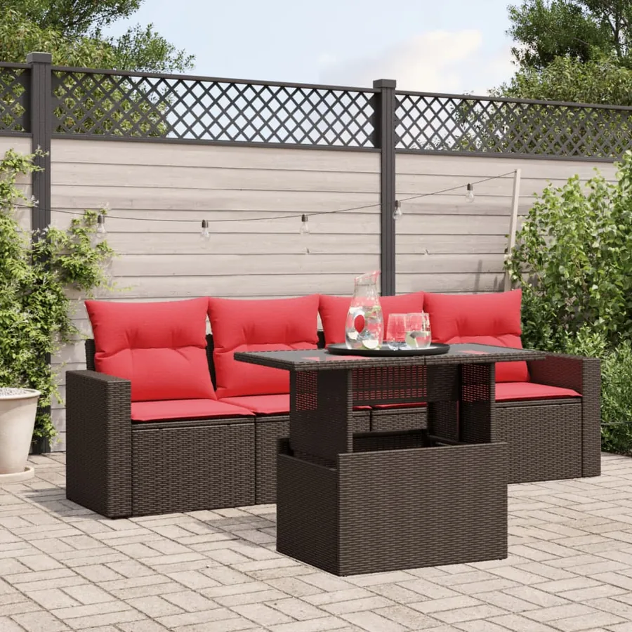 Ensemble de canapé de jardin 5 pcs avec coussins marron résine tressée