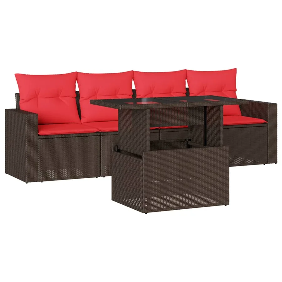 Ensemble de canapé de jardin 5 pcs avec coussins marron résine tressée - 2