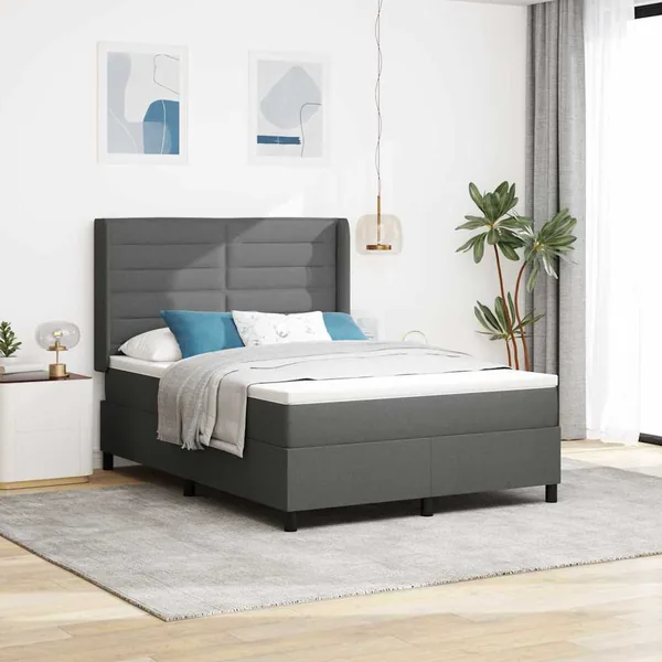 Lit à ressorts avec matelas Gris foncé 190 x 140 cm tissu