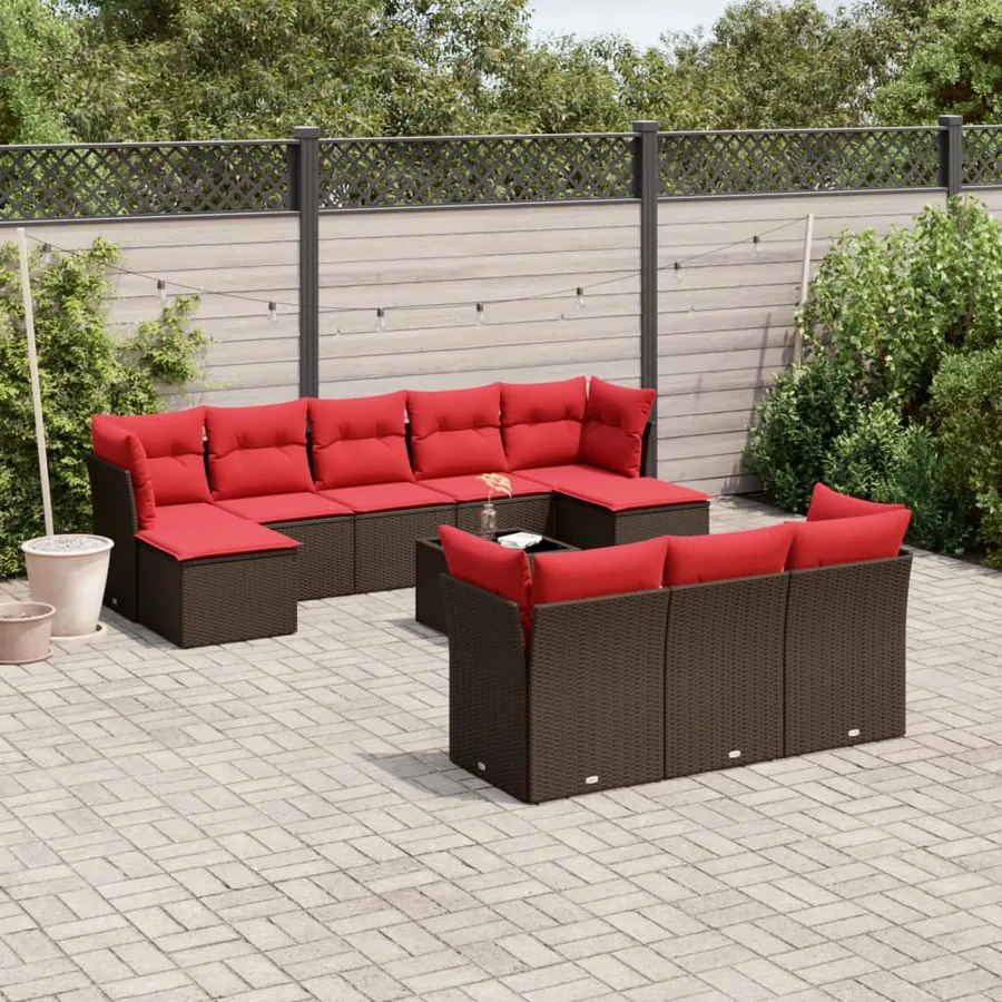 Ensemble de canapé de jardin 11 pcs avec coussins marron résine tressée