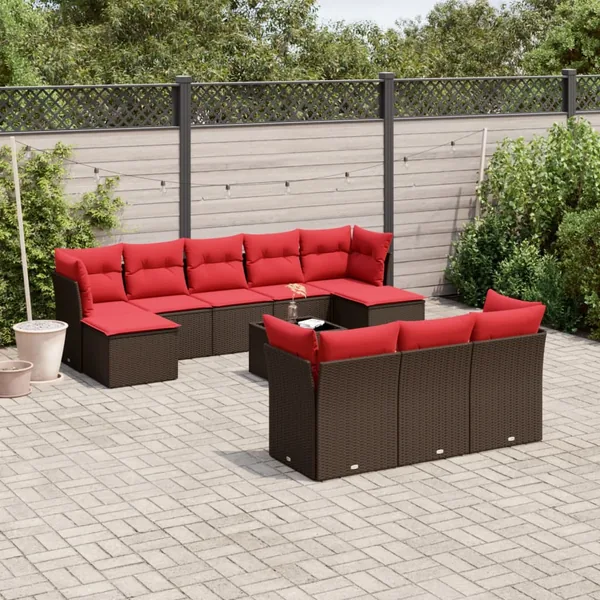Ensemble de canapé de jardin 11 pcs avec coussins marron résine tressée