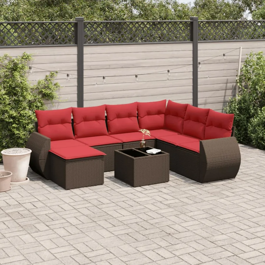 Ensemble de canapé de jardin 8 pcs avec coussins marron résine tressée