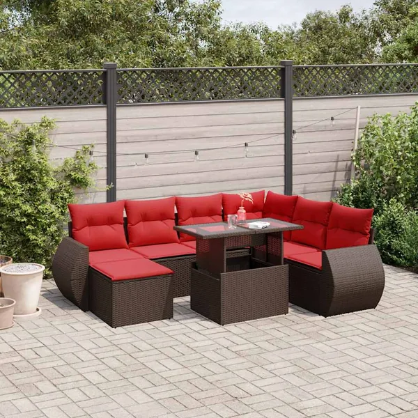 Ensemble de canapé de jardin 8 pcs avec coussins marron résine tressée