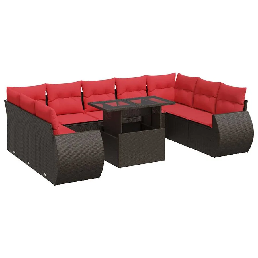 Salon de jardin 10 pcs et coussins marron résine tressée acacia - 2