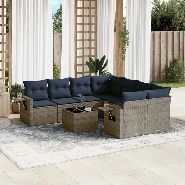 Ensemble de canapé de jardin 9 pcs avec coussins gris résine tressée