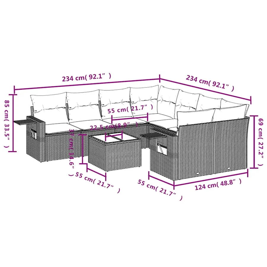 Ensemble de canapé de jardin 9 pcs avec coussins gris résine tressée - 9