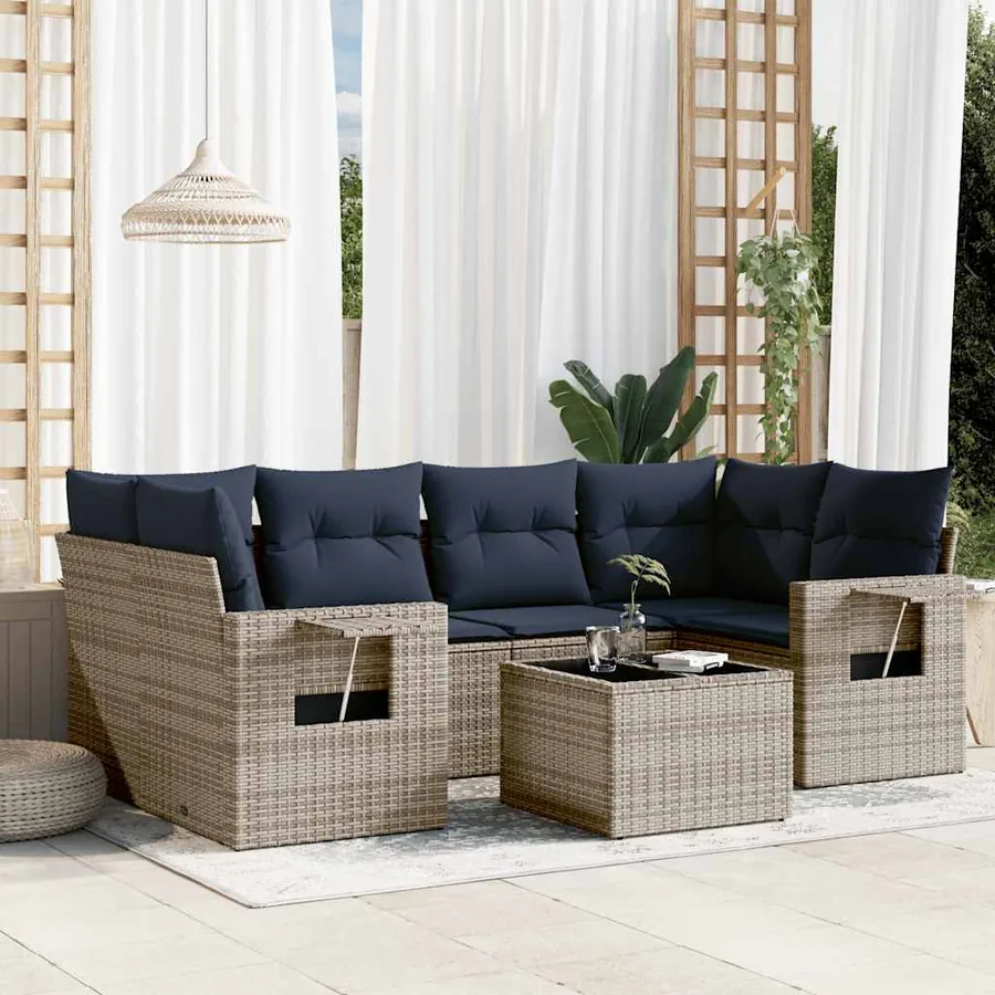 Ensemble de canapé de jardin 7 pcs avec coussins gris résine tressée