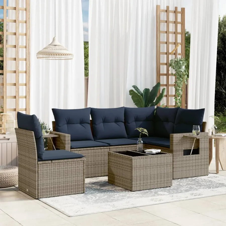 Ensemble de canapé de jardin 6 pcs avec coussins gris résine tressée