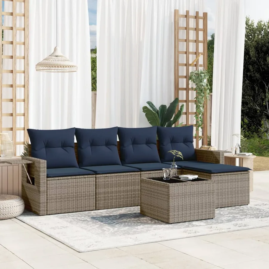 Ensemble de canapé de jardin 6 pcs avec coussins gris résine tressée