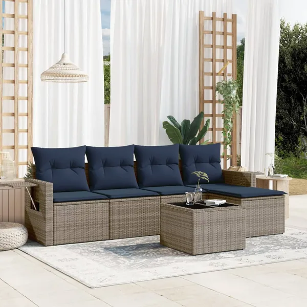 Ensemble de canapé de jardin 6 pcs avec coussins gris résine tressée