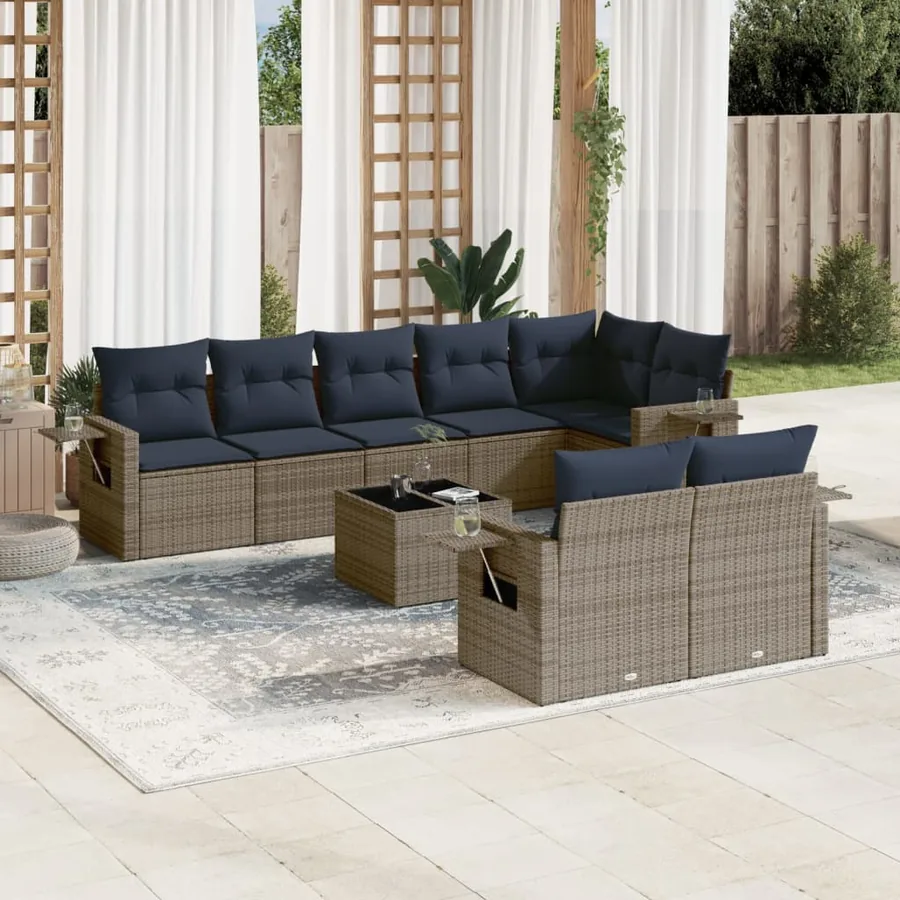 Ensemble de canapé de jardin 9 pcs avec coussins gris résine tressée