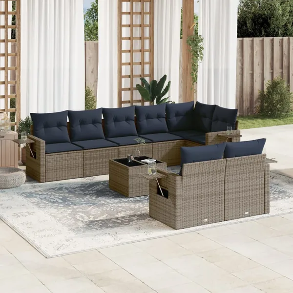 Ensemble de canapé de jardin 9 pcs avec coussins gris résine tressée