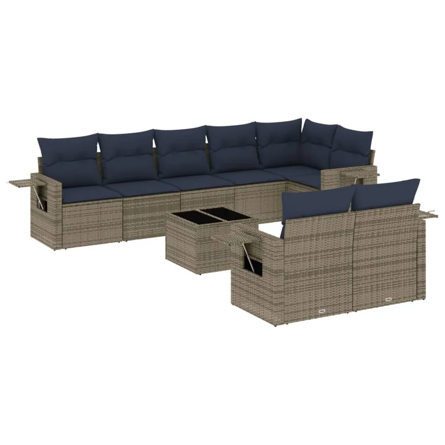 Ensemble de canapé de jardin 9 pcs avec coussins gris résine tressée - 2