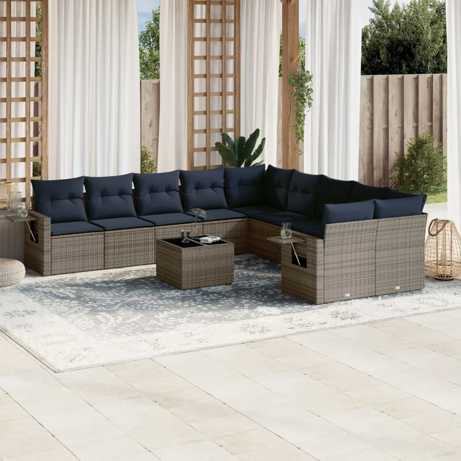 Ensemble de canapé de jardin 11 pcs avec coussins gris résine tressée
