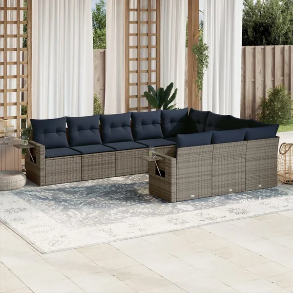 Ensemble de canapé de jardin 10 pcs avec coussins gris résine tressée
