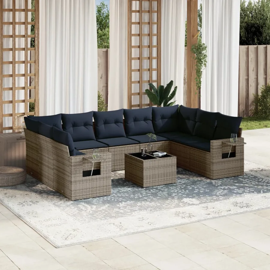 Ensemble de canapé de jardin 10 pcs avec coussins gris résine tressée