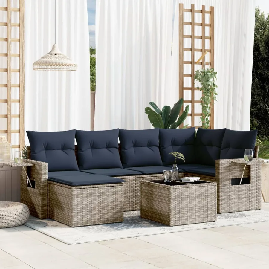 Ensemble de canapé de jardin 7 pcs avec coussins gris résine tressée
