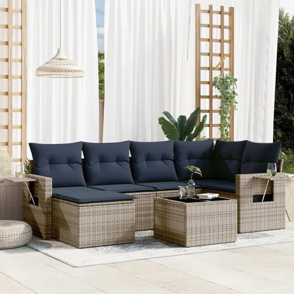 Ensemble de canapé de jardin 7 pcs avec coussins gris résine tressée